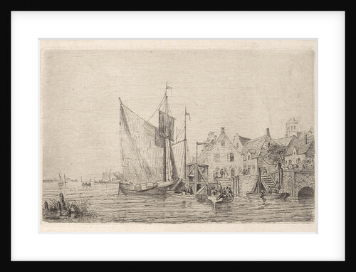 Sailing ships and boats at the wharf in a village by Henri Adolphe Schaep