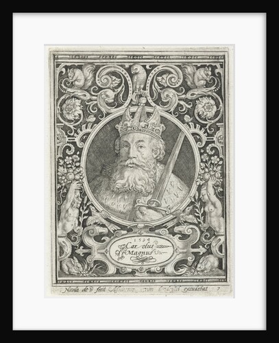 Portrait of Charlemagne in medallion inside rectangular frame with ornaments by Anonymous