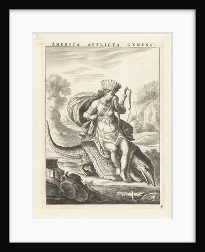 Female personification of America as a woman with headdress of feathers and bows, sitting on a caiman by Claes Jansz. Visscher II