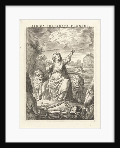 Female personification of the continent of Africa as a woman with lion's skin, sitting between lions by Claes Jansz. Visscher II