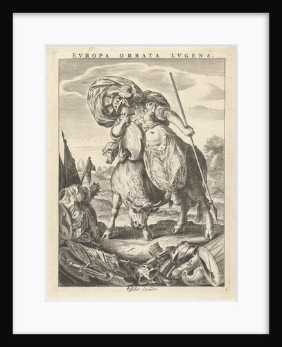Female personification of the continent of Europe represented as a woman in armor on bull by Claes Jansz. Visscher II
