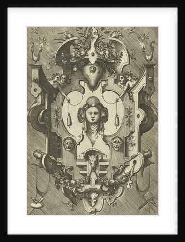 Cartouche with the head of a woman wearing three shells in her hair by Hieronymus Cock