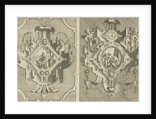 Two cartouches, each depicting an evangelist by Hieronymus Cock
