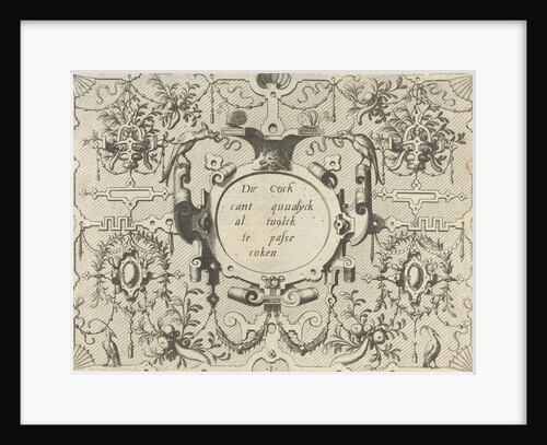 Cartouche surrounded by grotesques, left and right is a bird by Hieronymus Cock