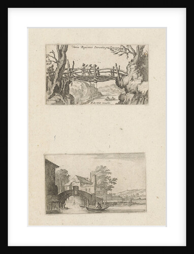 Three hikers on a wooden bridge and rowing boat before a stone bridge by Frederik de Wit