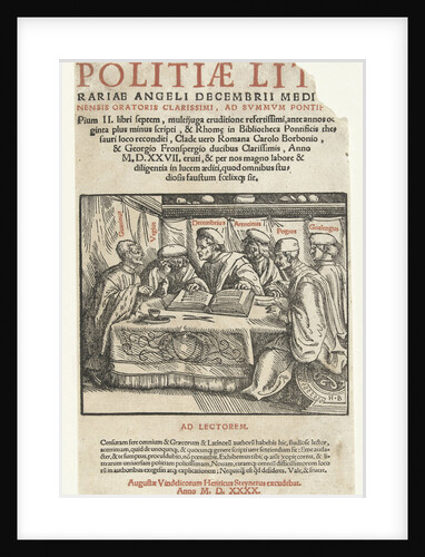 Title print six scholars sitting around a table and text in letterpress, Hans Burgkmair (der Ältere) by Heinrich Steiner