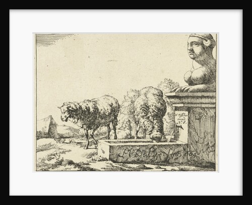 Two sheep at a trough by Nicolaes Visscher I