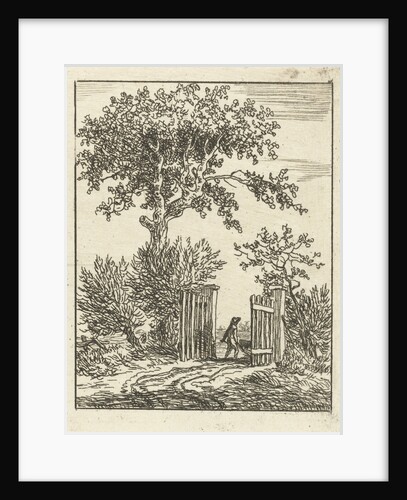 Man with wheelbarrow walking through a fence by Anthonie van den Bos