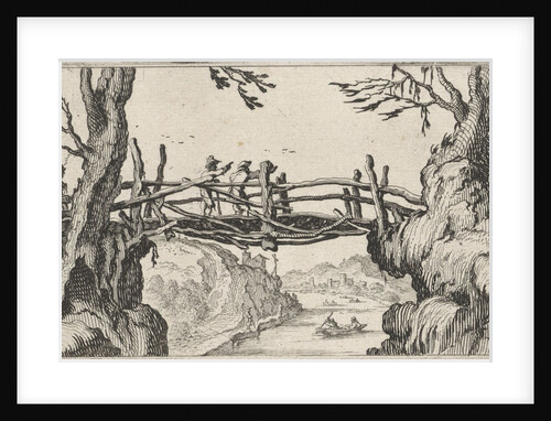 Three hikers on a wooden bridge by Gillis van Scheyndel I