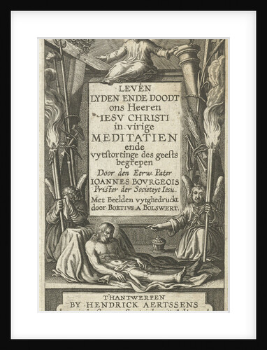 Frame for title with Christ Child and Christ dead and two angel with passion tools by Boëtius Adamsz. Bolswert