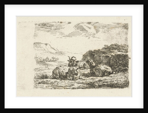 Two sheep and a ram lying next to a hill by Frédéric Théodore Faber