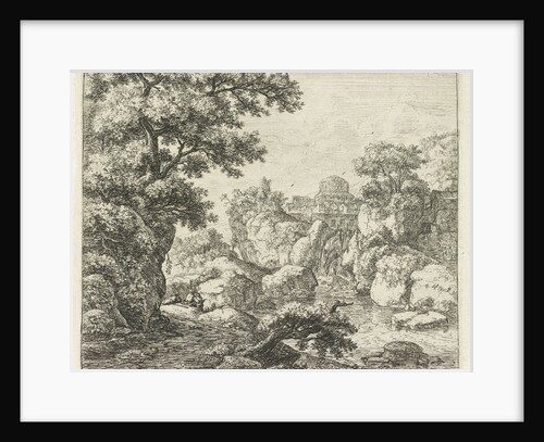 Cityscape with a waterfall by Anthonie Waterloo