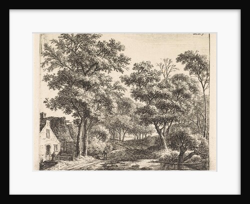 Buildings along a forest trail, Anthonie Waterloo by Josua & Reinier II Ottens