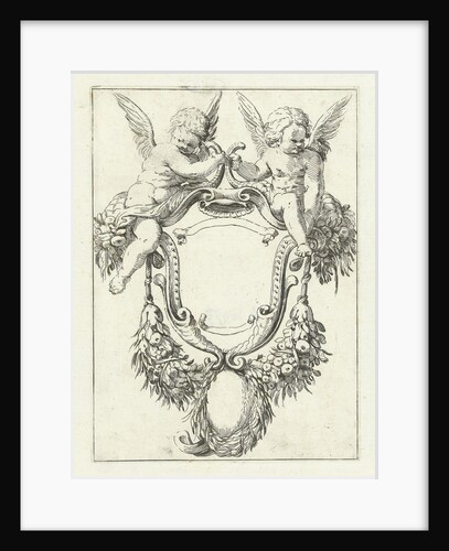 Cartouche with garlands and two seated putti by Anonymous