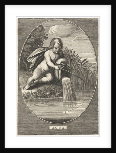 Element water as a child with fishing rod leaning on jar where water flows at shoreline in oval by Abraham van Diepenbeeck