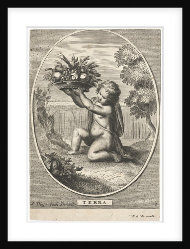 Element earth as a child with bowl of fruit and vegetables for cornfield in oval by Frederik de Wit