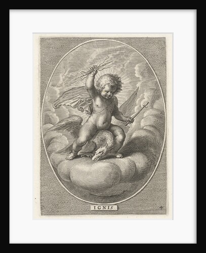 Element fire as a child with lightning bolts on back of eagle by Adriaen Collaert