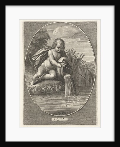 Element water as a child with fishing rod leaning on jar where water flows at shoreline in oval by Nicolaes Visscher I