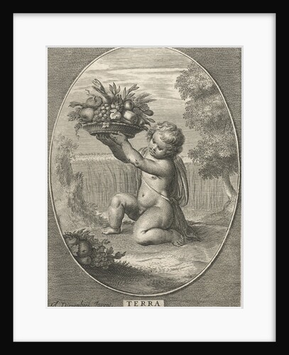 Element earth as a child with bowl of fruit and vegetables for cornfield in oval by Nicolaes Visscher I