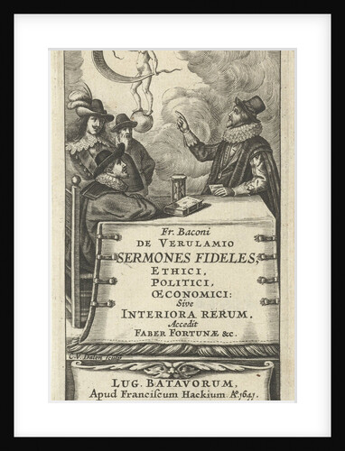 Four men at table with hourglass and floating in the air at Fortune globe by Franciscus Hackius