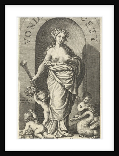Muse Clio with trumpet and squirting milk from her breast, swan and putti at her feet by Joost Hartgers
