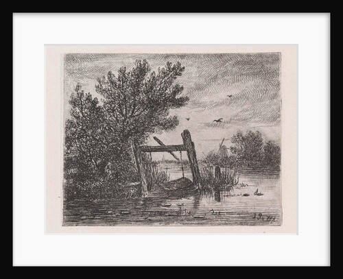 fish trap in a wooded waterfront by Johannes Pieter van Wisselingh