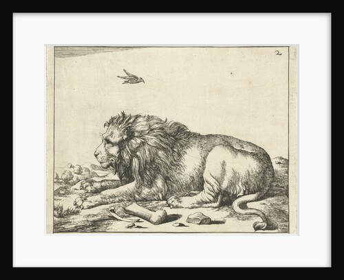 Lying lion above bird by Cornelis Kiliaan