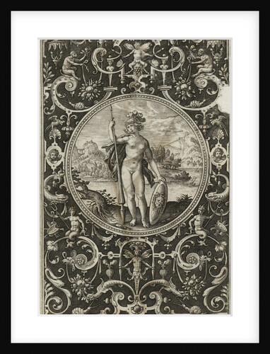 Medallion with Minerva with spear and shield with Medusa head in frame of grotesques with flowers, garlands by animals and mascarons