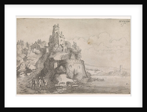 Figures at a fort in a river landscape by Jan van de Velde II