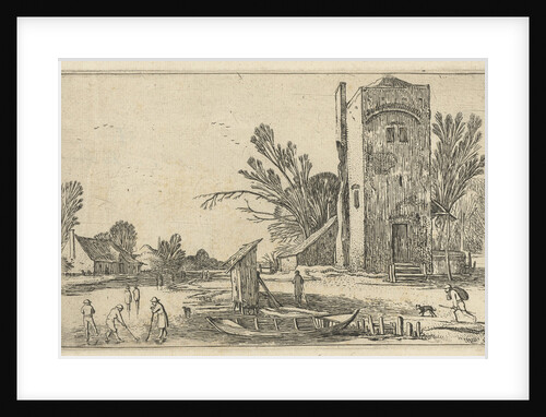 Square tower at a frozen river with flask players by Esaias van de Velde
