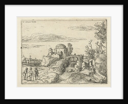 Bridge over waterfall next round building with a dome by Esaias van de Velde