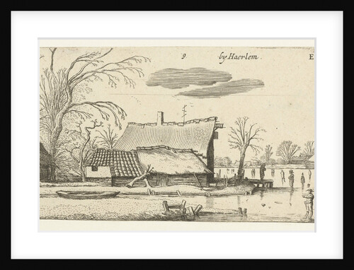Farm in a frozen river with skaters by Anonymous
