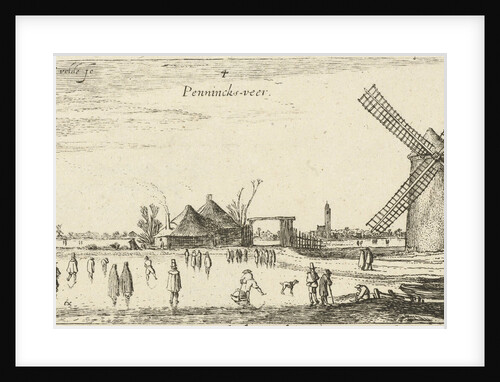 Skaters on the ice at a mill near Penningsveer by Esaias van de Velde