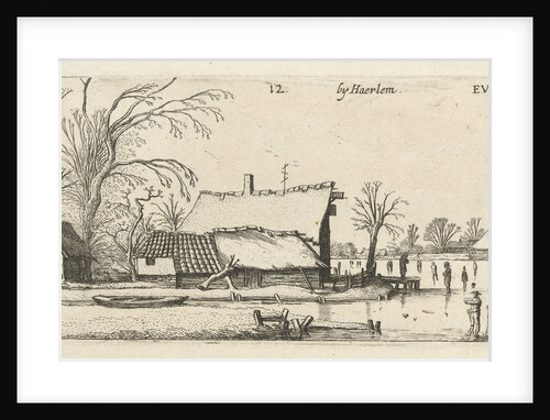 Farm in a frozen river with skaters by Esaias van de Velde