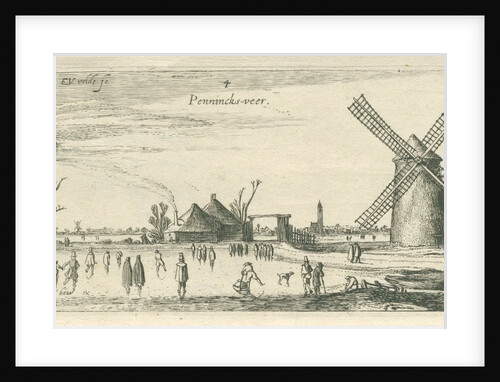 Skaters on the ice at a mill near Penningsveer by Esaias van de Velde