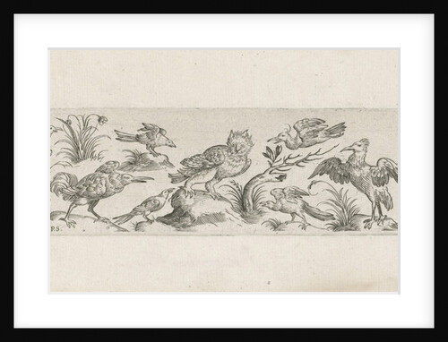 Frieze with eleven birds, at the left end of the frieze is a tree by Marcus Geeraerts