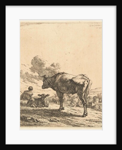Shepherd with an ox and calf in a village by Karel Dujardin