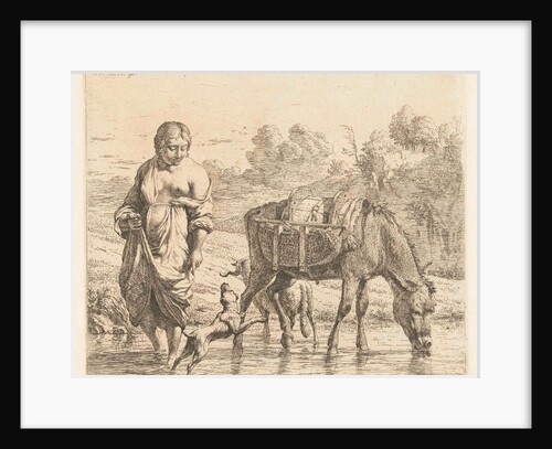 Woman and donkey standing in shallow water, a dog jumps up on her feet by Karel Dujardin