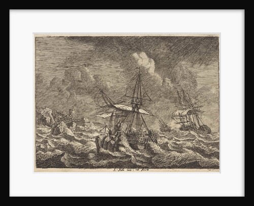 Three sailing ships in a storm near a rocky shore by Adam Silo