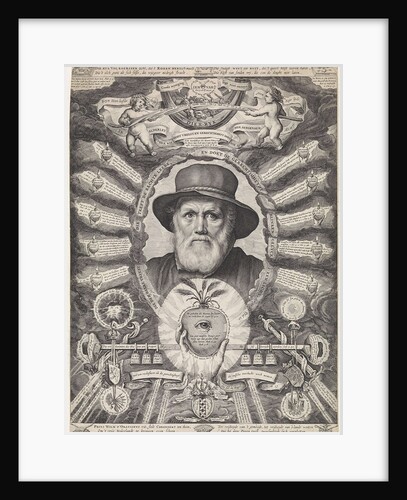 Portrait of Dirck Volckertsz Coornhert in allegorical frame by Theodor Matham