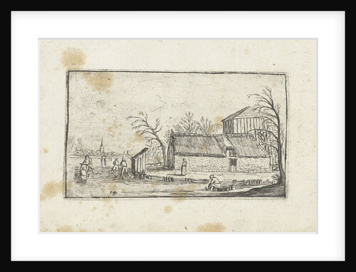 Frozen river with skaters on a farm by Johannes Pietersz. Berendrecht