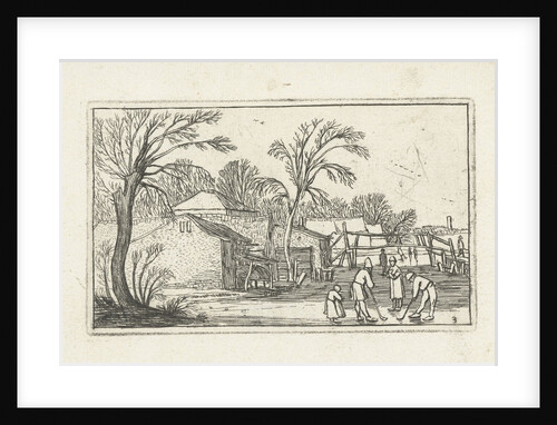 Skaters and kolf players, Kolven, on the ice near farms by Johannes Pietersz. Berendrecht