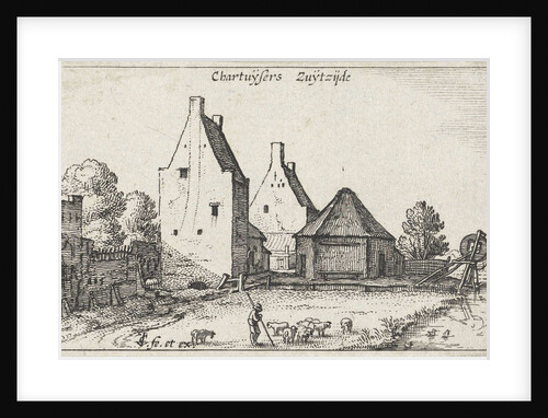 View of the south side of the Carthusian Monastery near Amsterdam, a shepherd with sheep by Claes Jansz. Visscher II