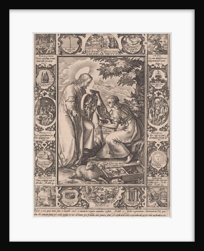 A woman sits behind an easel and paints the Christ Child in a heart by Hendrick Goltzius