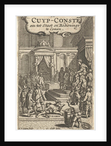 King on throne surrounded by nationals and cooper with barrel by Dirck van Ackersdijck