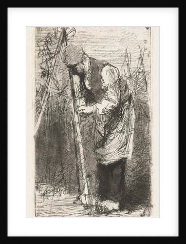 Man binds beans stakes in vegetable garden by Bernardus Johannes Blommers