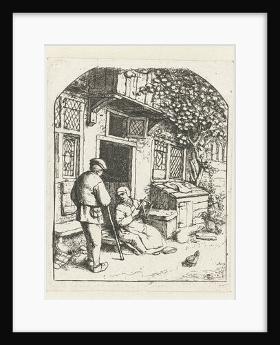 Spinster sitting on the doorstep of a house talking to man by Adriaen van Ostade