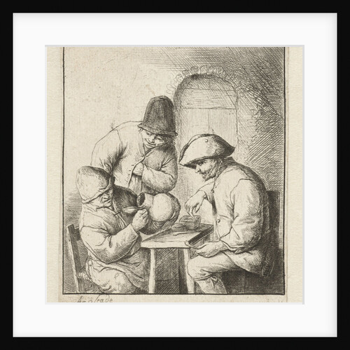 Man looks into empty jug, two men watch by Adriaen van Ostade