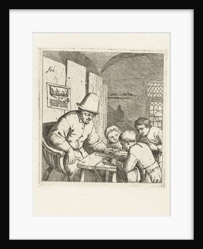 Schoolmaster with three students at table by Adriaen van Ostade