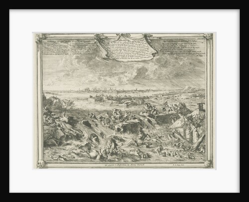 Dike near Coevorden, October 1 1673, enemy cavalry and artillery are washed away by the water, in the distance the city of Coevorden by Romeyn de Hooghe